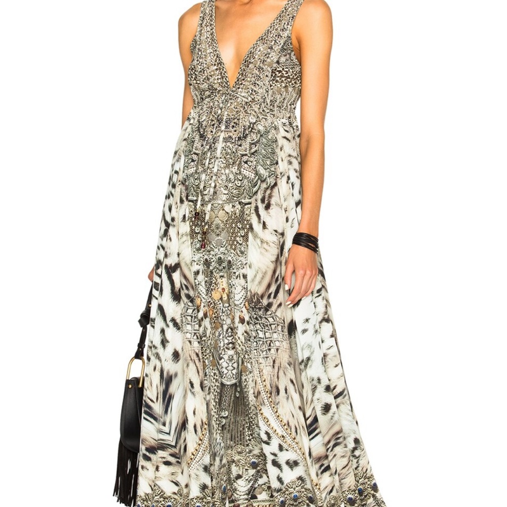 NWT Camilla Long V Neck Drawstring Maxi Dress with Plunge Neckline